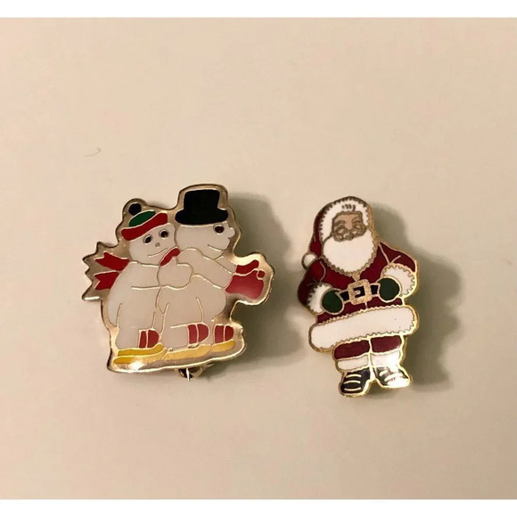 Vintage Snowman and Santa Norcross Taiwan Pin Enamel Chrismas Pins - Picture 1 of 13